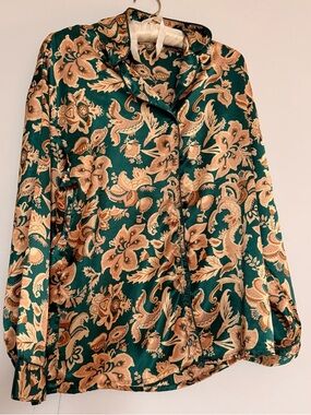 Adonna Green and Gold Floral Satin Button-Up Shirt